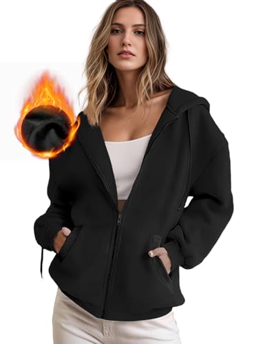 IWOLLENCE Sweatjacke Damen Zipper Hoodie Fleecejacke Schwarz XL von IWOLLENCE