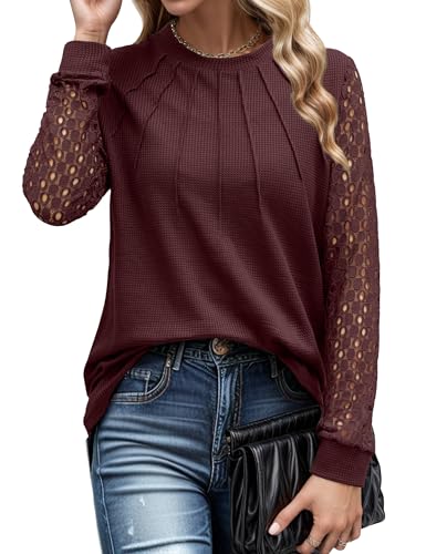 IWOLLENCE T-Shirt Damen Tunika Festliche Oberteile zur Hochzeit Bluse Elegant Spitzen Party Oberteil Festliche Blusen (Weinrot, L) von IWOLLENCE