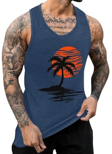 IWOLLENCE Tank Top Herren Baumwolle Printed Muskelshirt Ärmelloses Shirt Sommer Hawaii Hemd Lockeres Tanktop (Blau Meliert Sonne Palm, L) von IWOLLENCE