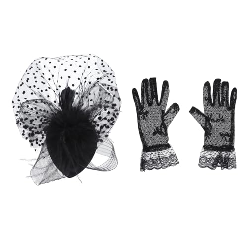 IWOWHERO Retro Gauze Hut und Handschuh Satz für Frauen Leicht Kopfschmuck mit Federn Cheongsam Zubehör Party Haarschmuck Eleganter Gesichtsschutz von IWOWHERO