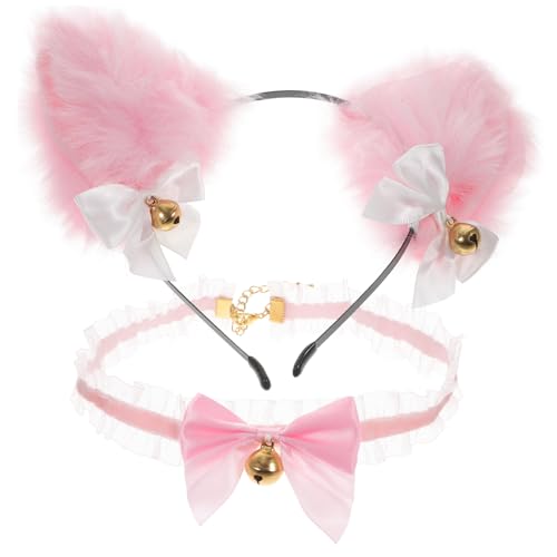 IWOWHERO 1 Satz Stirnband Mit Katzenohren Fuchs Halskette Gothic-halsketten Haarschmuck Für Mädchen Halskette Katze Cosplay Glocke Halsband Cosplay-kopfdekorationen Tier Rosa Gotisch Pvc von IWOWHERO