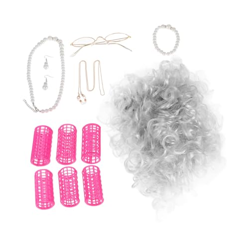 IWOWHERO 1satz Grauer Perücke Und Lockenwicklern Für Damen Brille Und Kette Für Halloween Und Cosplay Authentische Alte Dame Verkleidung von IWOWHERO
