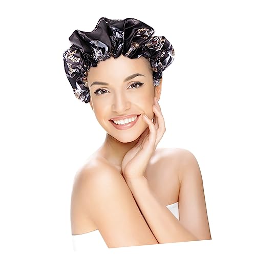IWOWHERO 1 Stück Doppelschichtige Duschhaube für Damen Wasserdichte Schlafhaube zum Schutz Haare Beim Duschen Spa oder Make Up Schwarz von IWOWHERO