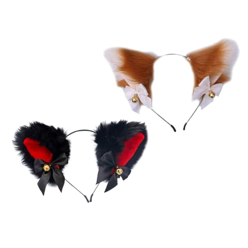 IWOWHERO 2 Stück Plüsch Katzenohren Haarreif mit Schleife und Glocke Weiches Stirnband für Mädchen Party Haarschmuck Bequemes Accessoire für Geburtstag Fotoshooting Festliche Anlässe von IWOWHERO
