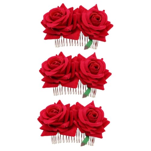 IWOWHERO 3St Blumenkamm dekorativ Frauen Blumenkopfschmuck Gothic Hochzeit Bräute Kleid Kopfbedeckung Dekorationen Mode elegant haaraccessoires wedding y charming rose floraler Haarkamm rot von IWOWHERO