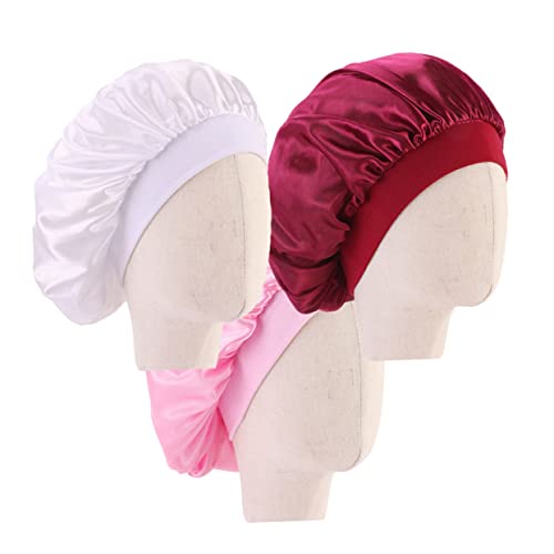 IWOWHERO 3stücke Schlafmütze Für Junge Mädchen Krempe Satin-haube Bequem Und Atmungsaktiv Nachtmütze Mit Weitem Rand Für Jungen Und Mädchen Weiß Rosa Weinrot von IWOWHERO