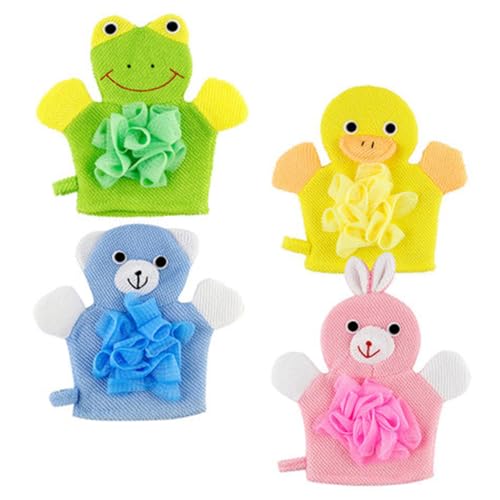 IWOWHERO 4 Stück Körper Peeling Handschuhe Cartoon Badewäsche Duschhandschuhe Weich Kratzfrei Mit Aufhängeschlaufe Badespaß Für Jungen Mädchen von IWOWHERO