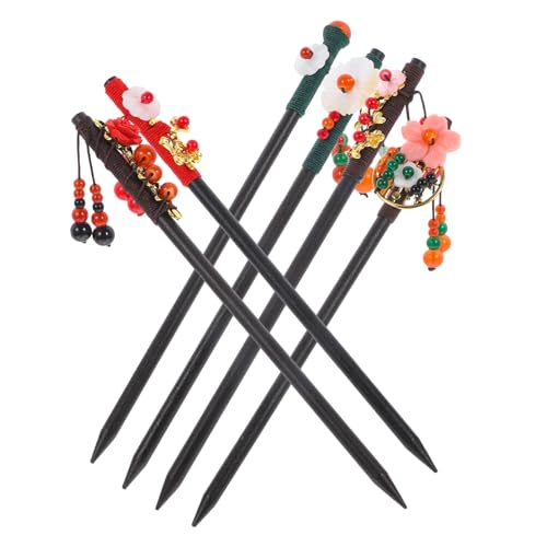 IWOWHERO 6 Stück 6 teiliges Holz Haarstäbchen mit Blumen und Quasten Chinesischer Vintage Stil Robuste Haarnadeln für Damen Zuverlässiger Griff für Haar Dutt Handgefertigter Haarschmuck von IWOWHERO