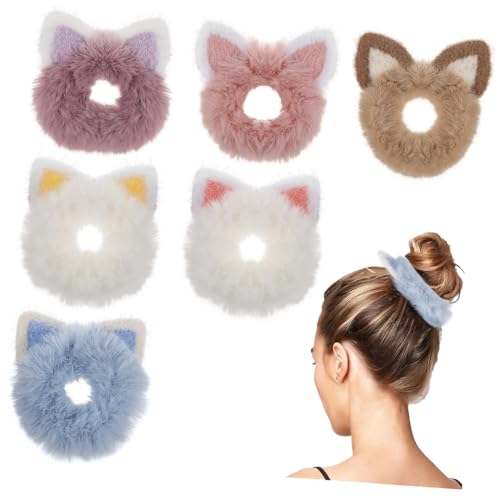 IWOWHERO 6 Stück Teiliges Flauschiges Katzenohren Scrunchie Weiche Haargummis für Frauen Mädchen Glatte Textur Leichter Halt Modische Haarbänder für Alltag Party Geburtstag Sport von IWOWHERO