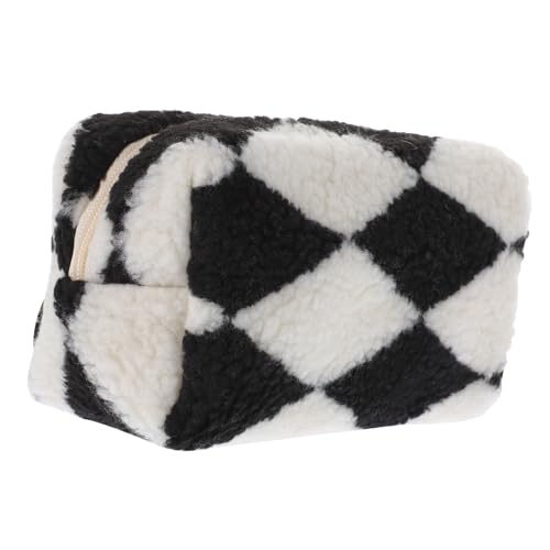 IWOWHERO Flauschige Kosmetiktasche Im Schachbrett-Design Tragbare Make-up-Tasche Mit Reißverschluss Multifunktionale Aufbewahrungstasche Für Damen Für Reisen Und Alltag von IWOWHERO