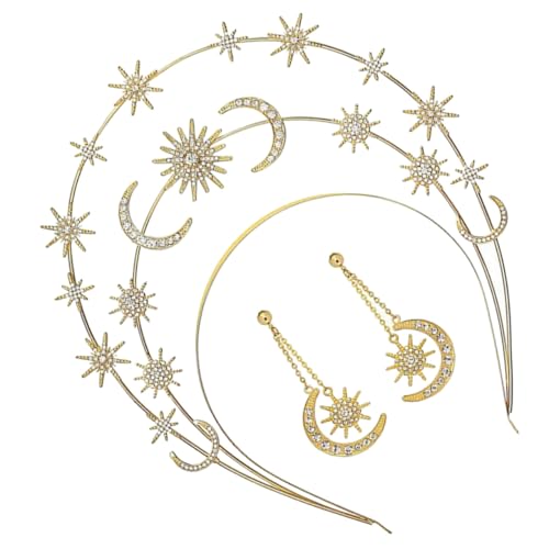 IWOWHERO Goldenes Stern Mond Haarband mit Göttin Tiara und Passendem Ohrring Dreischichtiges Brautkopfschmuck Accessoire für Hochzeit Festzug und Besondere Anlässe von IWOWHERO