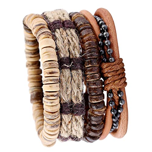 IWOWHERO 4 Stücke Herren Vintage Armbänder Leder Und Kokosnussschale Modische Armband Herren Punk Schmuck von IWOWHERO