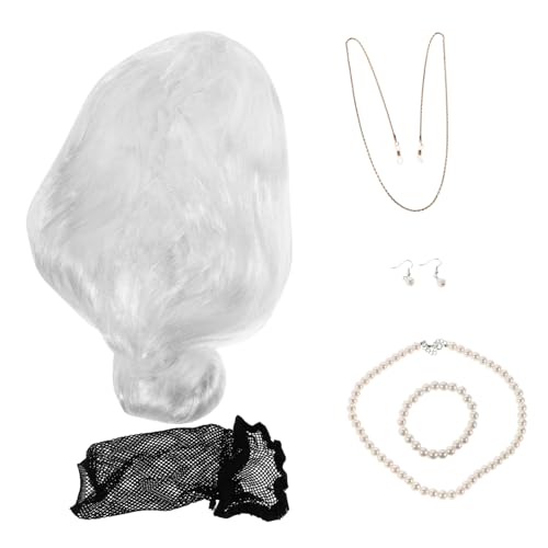 IWOWHERO Old Lady Kostüm Perücke Set für Damen Grauer Dutt Verstellbar Atmungsaktive Leichte Seniorin Halloween Perücke Inklusive Brillenkette Armband Halskette Ohrringe für Cosplay und von IWOWHERO