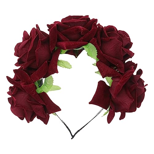 IWOWHERO Frauen Haarreifen Tag der Toten Braut Kopfschmuck Halloween-Rose haarschmuck frisierumhang Stirnband Rosenblüten-Haarreifen floraler Haarreif Hochzeit Kopfbedeckung Schal Damen rot von IWOWHERO