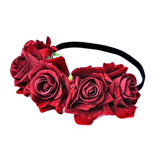 IWOWHERO Rosenkopfschmuck Hochzeitskopfschmuck Für Die Braut Blumenstirnbänder Für Damen Braut Stirnband Damen Stirnbänder Haarbänder Für Damen Rosenhaarband Rosa Stirnband Rot von IWOWHERO