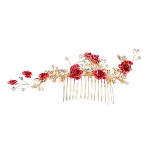 IWOWHERO Roter Blumen Haarkamm Brautschmuck mit Strass und Perlen Eleganter Steckkamm für Hochzeit Party und Festliche Anlässe Sicherer Handwerkskunst Vintage Stil von IWOWHERO