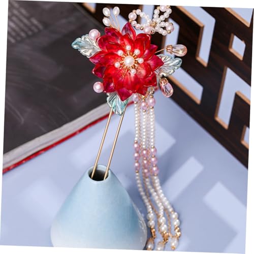 IWOWHERO Roter Haarnadel Haarforke mit Blumen und Quaste Retro Langes Haarstäbchen für Damen Stabile Haarklammer für Dicken Dutt und Geschwungene Frisuren Chinesischer Haarschmuck von IWOWHERO