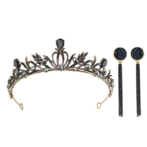 IWOWHERO Vintage Barock Brautkrone Haarreif und Ohrringe Schwarzes Luxus Hochzeit Haarschmuck für Damen und Mädchen Königin Krone Teilig Langlebiges Legierungsmaterial von IWOWHERO