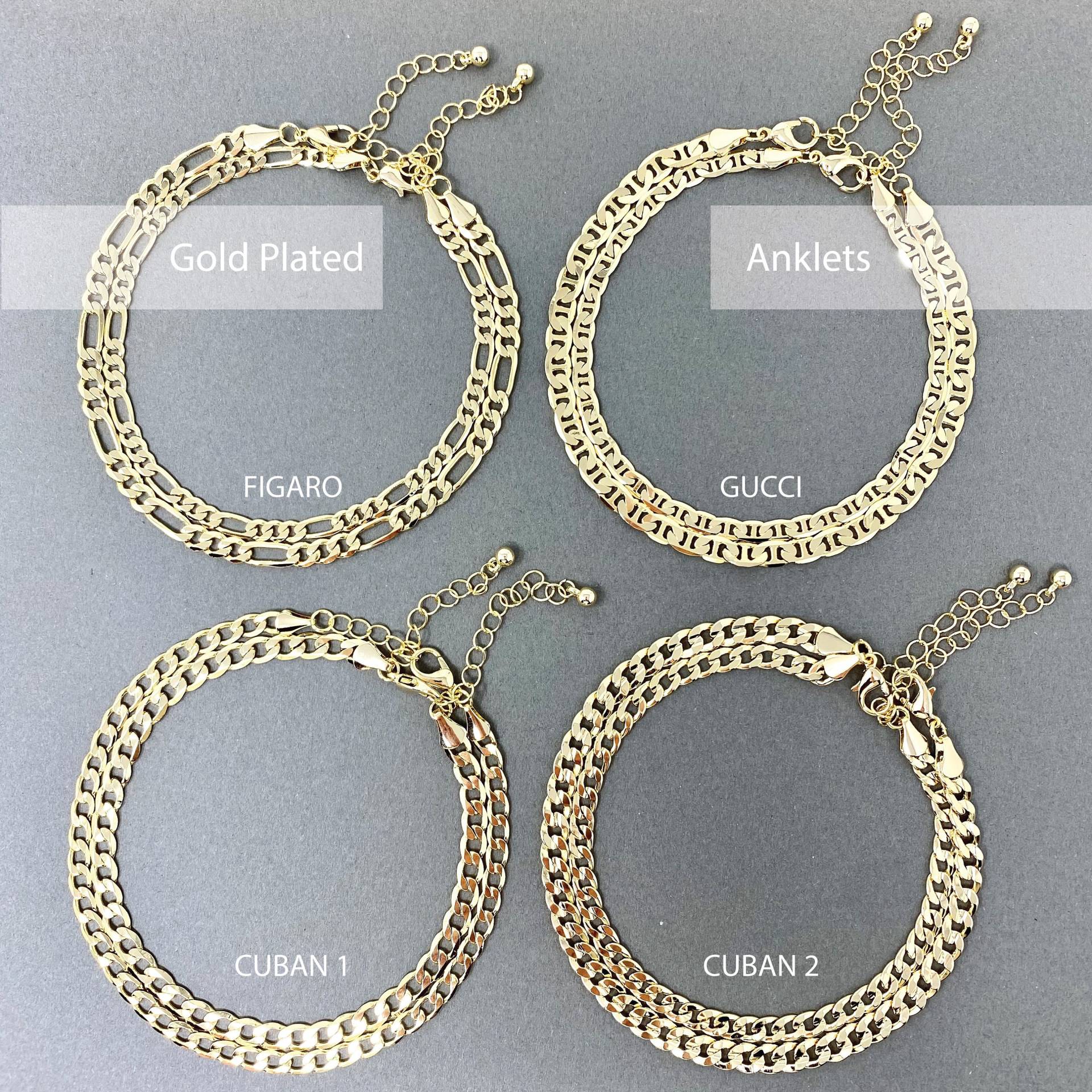 14K Vergoldetes Dickes Fußkettchen, Figaro, Kubaner, Gucci, Seil, Herringbone Gold Vergoldete Fußkettchen von IWUUSA