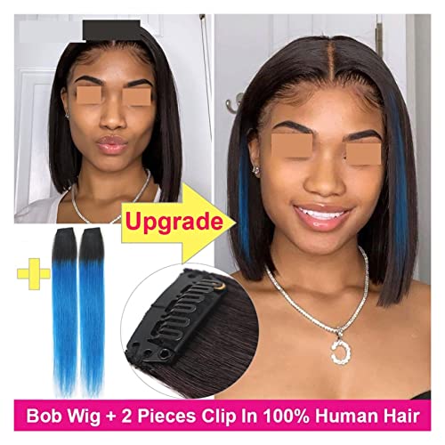 Perücke Kurze Bob Perücke Gerade Menschliche Haarperücken for schwarze Frauen Vorruck 5x5x1 Verschluss Perücke Brasilianische Haarspitze Perücken 150% Dichte Wig ( Color : Bob add 2Clips Blue , Size : von IXART