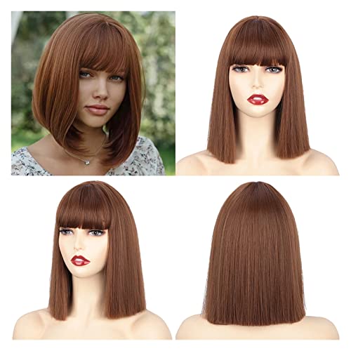 Perücke Synthetische Perücken kurze gerade Bob-Perücken mit Pony for Frauen schwarze rosa lila rote natürliche Haaransicht-Perücken Wig (Color : 10-12-30, Size : 14inches) von IXART