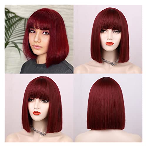 Perücke Synthetische Perücken kurze gerade Bob-Perücken mit Pony for Frauen schwarze rosa lila rote natürliche Haaransicht-Perücken Wig (Color : Rood, Size : 14inches) von IXART