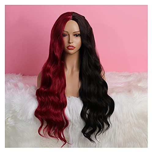 Perücke Wärme Resistant Synthetische Perücke Lange Körper Wellenförmige Hälfte Rot Hälfte Schwarz Nicht-Spitze Perücke Cosplay Synthetische Perücken for schwarze Frauen Wig (Size : 20inches) von IXART