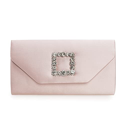 iXebella Satin-Abendtasche für Damen, Clutch, börse, verziert mit Kristallschnalle., Pink (Blush Pink), Small von IXEBELLA