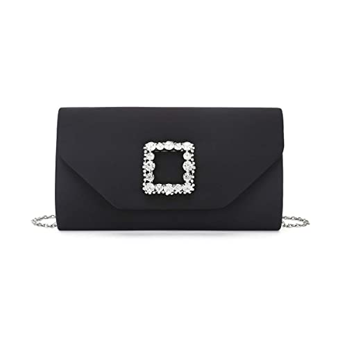 iXebella Satin-Abendtasche für Damen, Clutch, börse, verziert mit Kristallschnalle., Schwarz (schwarz), Small von IXEBELLA