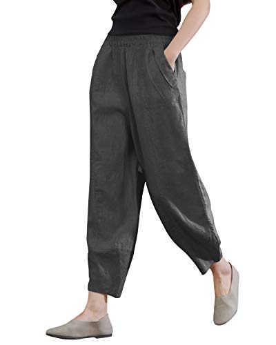 IXIMO Damen 100% Leinen Hose Relax Fit Laterne Cropped TaperedPants Hose mit Gummizug in der Taille - Grau - XX-Large von IXIMO