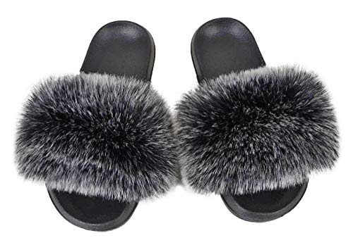 Damen Kunstpelz Flat Slide Sandalen Flauschige Open Toe Slipper Soft Cosy,36-37,Black Gray von IXITON