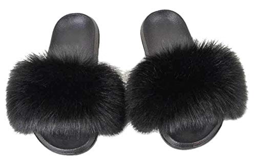 Damen Kunstpelz Flat Slide Sandalen Flauschige Open Toe Slipper Soft Cosy,36-37,Black von IXITON