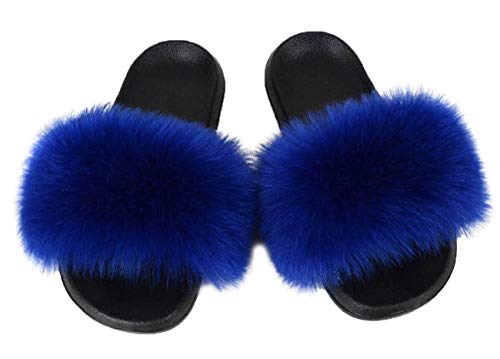 Damen Kunstpelz Flat Slide Sandalen Flauschige Open Toe Slipper Soft Cosy,36-37,Blue von IXITON