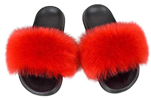 Damen Kunstpelz Flat Slide Sandalen Flauschige Open Toe Slipper Soft Cosy,36-37,red von IXITON