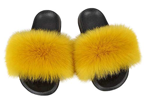 Damen Kunstpelz Flat Slide Sandalen Flauschige Open Toe Slipper Soft Cosy,38-39,Yellow von IXITON