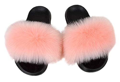 Damen Kunstpelz Flat Slide Sandalen Flauschige Open Toe Slipper Soft Cosy,38-39,pink von IXITON