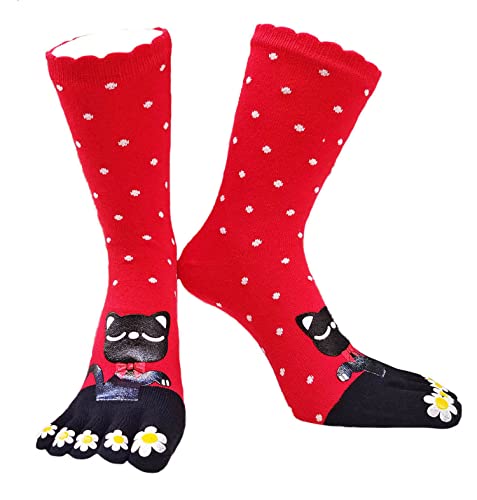 IXITON Damen Zehensocken Five Fingers Socken Niedliche Tiermuster Socken Lustige Cartoon Sport Zehensocken,rot-katze von IXITON