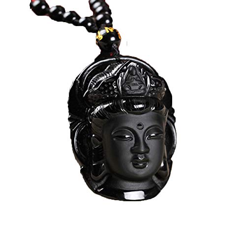 IXMLDAXD schwarze Obsidian-Halskette， Natürliche Stein Obsidian Guanyin Buddha Anhänger Halskette Glück Amulett Perle Kette Halskette for Frau Männer von IXMLDAXD