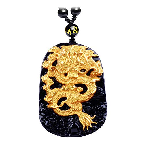 IXMLDAXD schwarze Obsidian-Halskette， Natürliche schwarze Obsidian Schnitzerei Drache Glück Amulett Anhänger Halskette for Frauen Männer Anhänger von IXMLDAXD