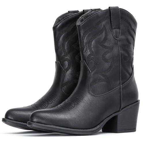 IXU Cowboystiefel für Damen, breit, Wildleder, knöchelhoch, wadenhoch, spitzer Zehenbereich, kurz, klobig, klassische Stiefeletten, Schwarz, 37 EU Weit IXU Cowboystiefel für Damen, breit, Wildleder, knöchelhoch, wadenhoch, spitzer Zehenbereich, kurz, klobig, klassische Stiefeletten, Schwarz, 37 EU Weit von IXU