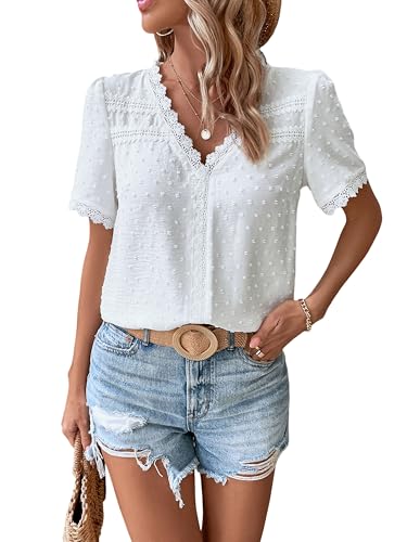 IYICLOTH Damen 2025 Sommer V-Ausschnitt Spitze Häkelbluse Swiss Dot Business Casual Cute Shirts Tops, Weiss/opulenter Garten, Groß von IYICLOTH