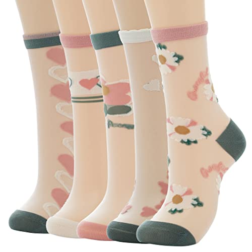 IYOU 5 Paar transparente Socken Blume Rosa knöchelhohe Socken Elastische Vintage Dünne Glas-Seidensocken Sommer für Frauen und Mädchen von IYOU
