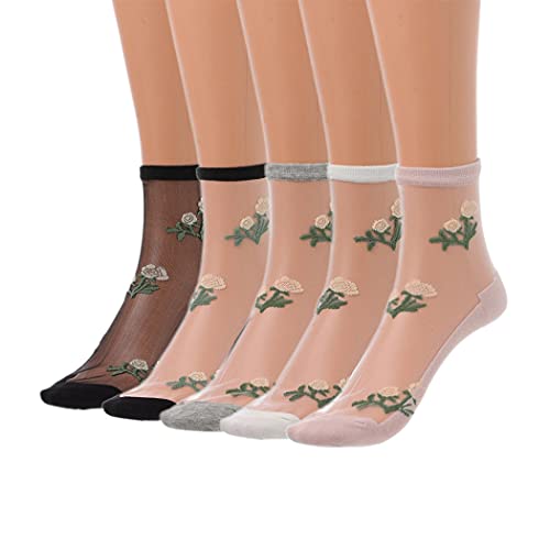 IYOU 5 Paare Durchsichtige Socken Rosa Blume Transparent Lässige Socken Glas Sommer Party Mesh Knöchel Socken für Frauen und Mädchen von IYOU