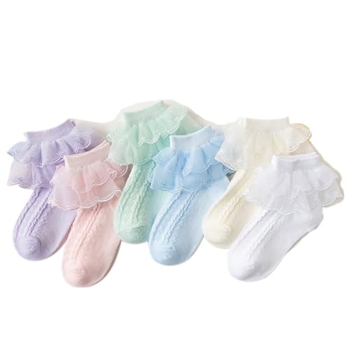 IYOU 6 Paar Rüsche Socken Weiß Spitze Trim Knöchel Socken Gestrickt Weiche Besatzung Socken für Mädchen von IYOU