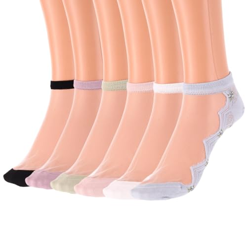 IYOU 6 Paare Blume Transparente Socken für Damen Weiß Spitze Knöchel Socken Unsichtbar Atmungsaktiv Täglich Tragen Sommer Knöchel transparente Socke von IYOU