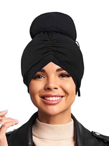 IYOU Afrikanischer Turban Kopfbedeckung Schwarz Vorgebundene Beanie Mütze Kopftücher Elastischer Kordelzug Kopf Turbane für Frauen und Mädchen von IYOU