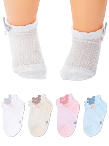 IYOU Baby Mädchen Socken weiß Baumwolle Crew Socken dünn Sommer Mesh Babysocken für Kleinkind Kleinkind Mädchen (4 Paare), 6-12 Monate von IYOU