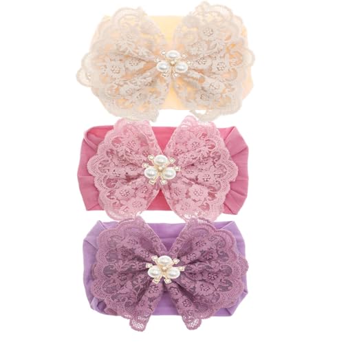 IYOU Baby Mädchen Stirnbänder Spitzen Schleifen Handgefertigte Haaraccessoires Dehnbare Haarbänder für Kleinkinder Mädchen (3 Stück) von IYOU
