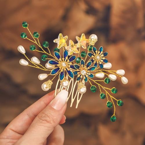 IYOU Barocke Brautschmuck Haarkamm Blume Grün Braut Kopfschmuck Stern Perle Hochzeit Seite Kämme Brautjungfer Gast Haarschmuck für Damen von IYOU