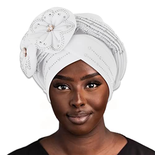 IYOU Beanie Mütze Kopftuch Weiße Strasssteine Kopftuch Blume Perlen verdrehten Kopf Turban für Frauen Mädchen von IYOU